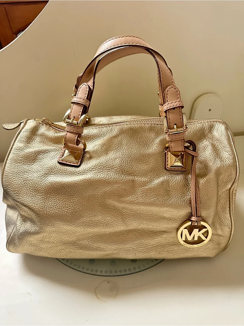 Michael Kors Gold Leather Satchel with Tan Handles and MK Charm